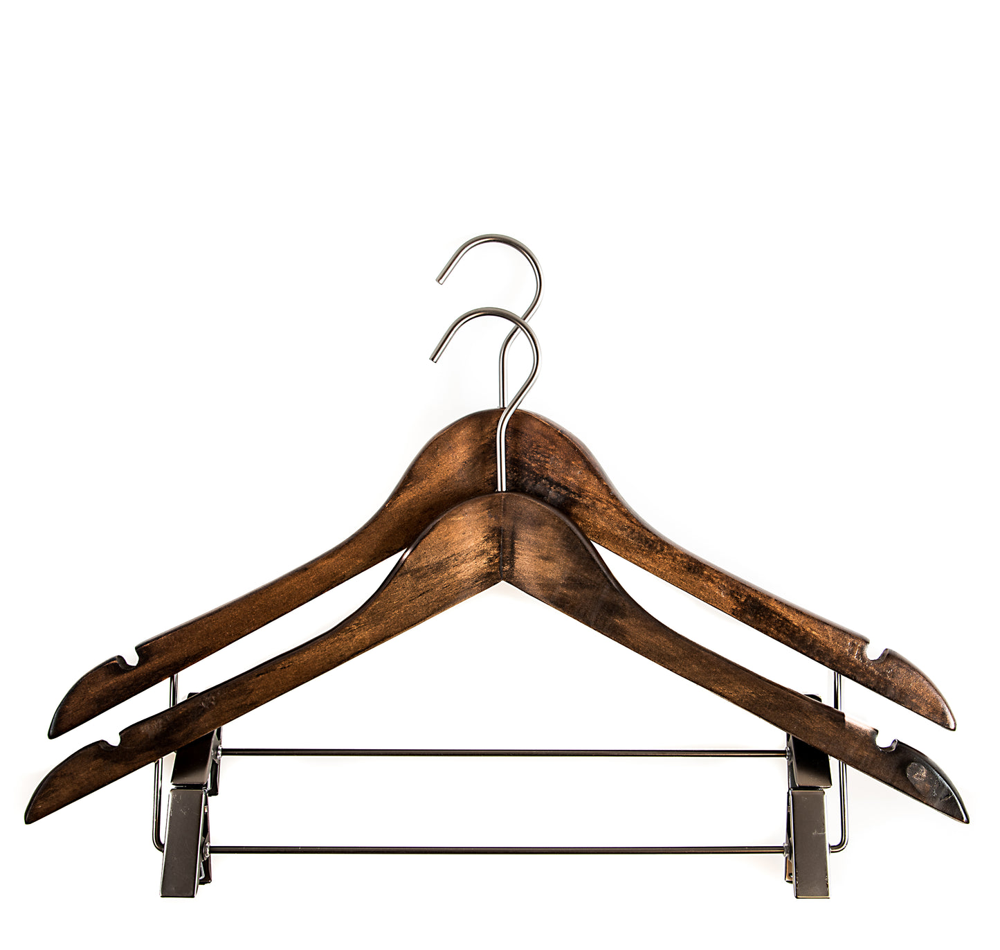 Wooden hanger with skirt clips