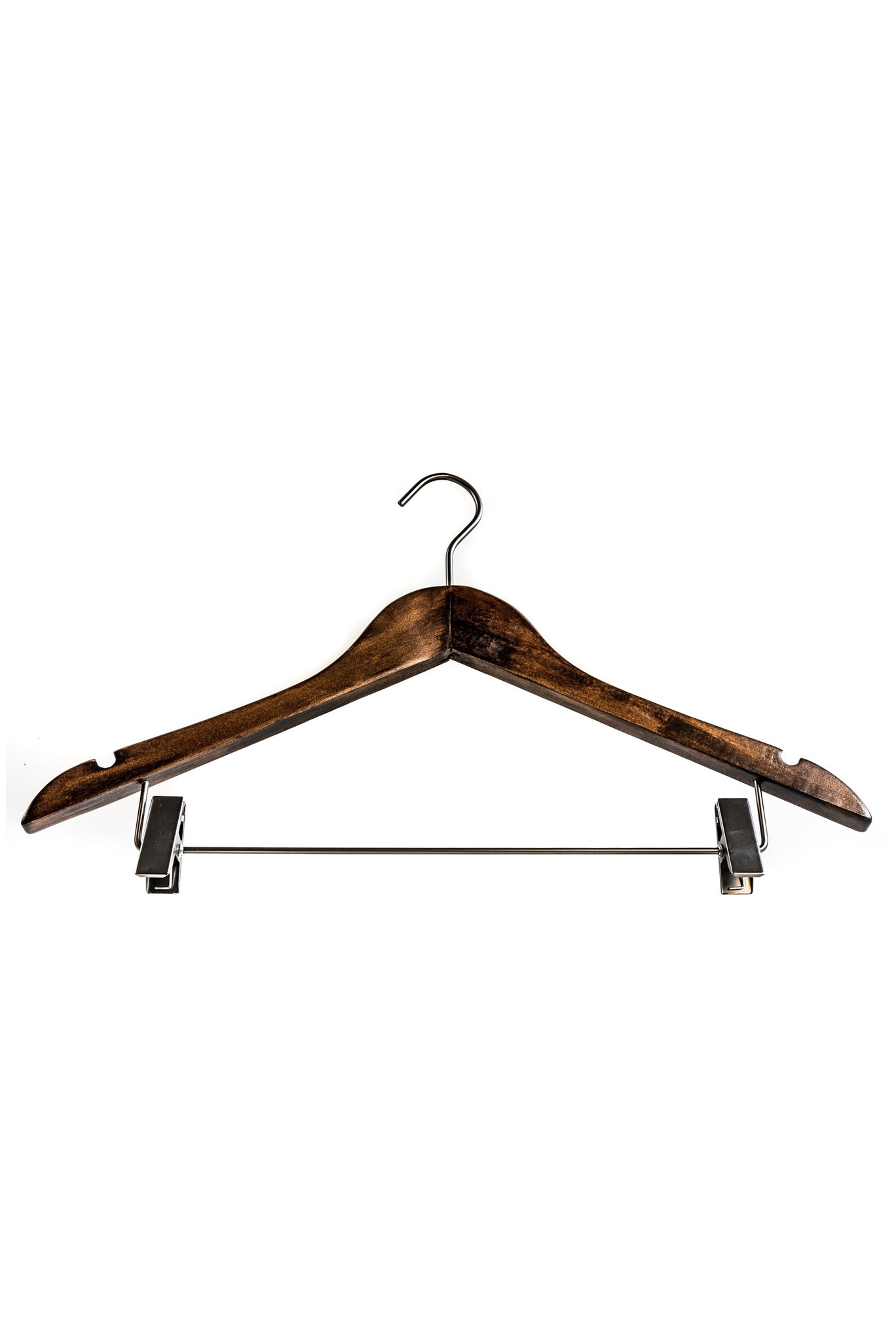 Wooden hanger with skirt clips