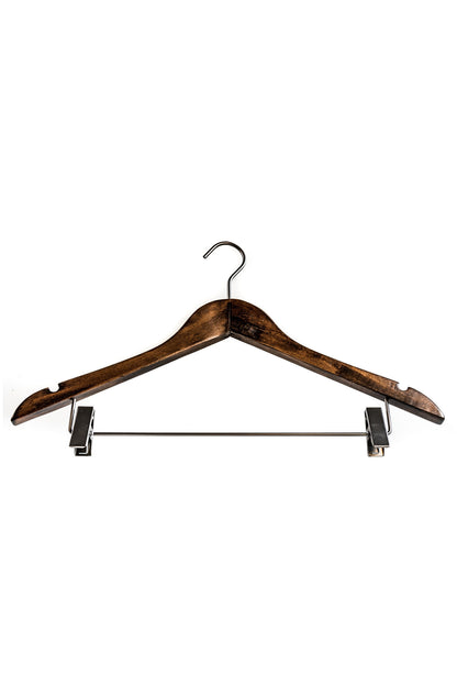 Wooden hanger with skirt clips